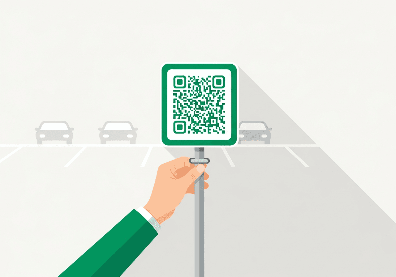 Illustration of a hand mounting a QR code sign onto a post at a parking lot