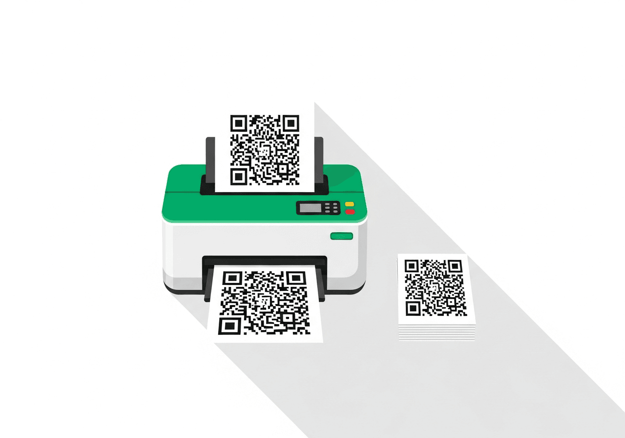 Illustration of a desktop printer printing sheets with QR codes