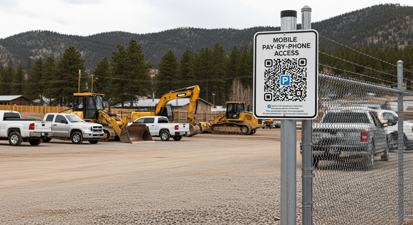 QR-code parking access sign at Wins Parking's construction yard in Edwards, Colorado
