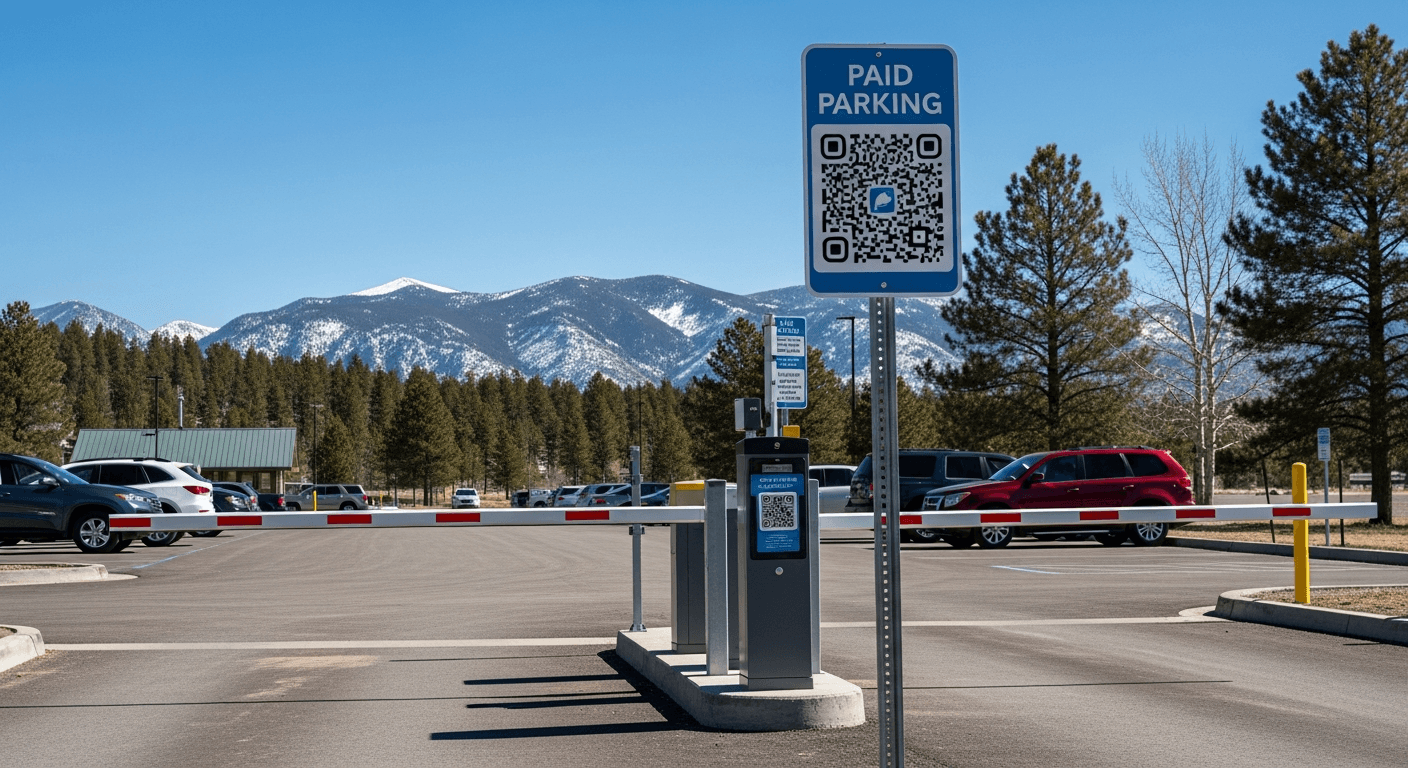 QR-code parking entrance sign at Wins Parking's airport lot serving Eagle County Regional Airport, with mountain peaks behind