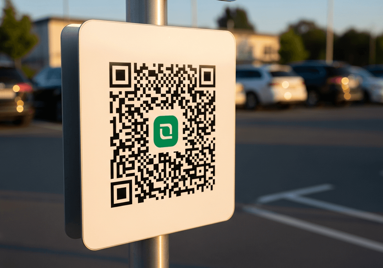 A Park Graph QR code sign mounted on a metal post at a parking lot entrance during golden hour, with parked cars softly blurred in the background